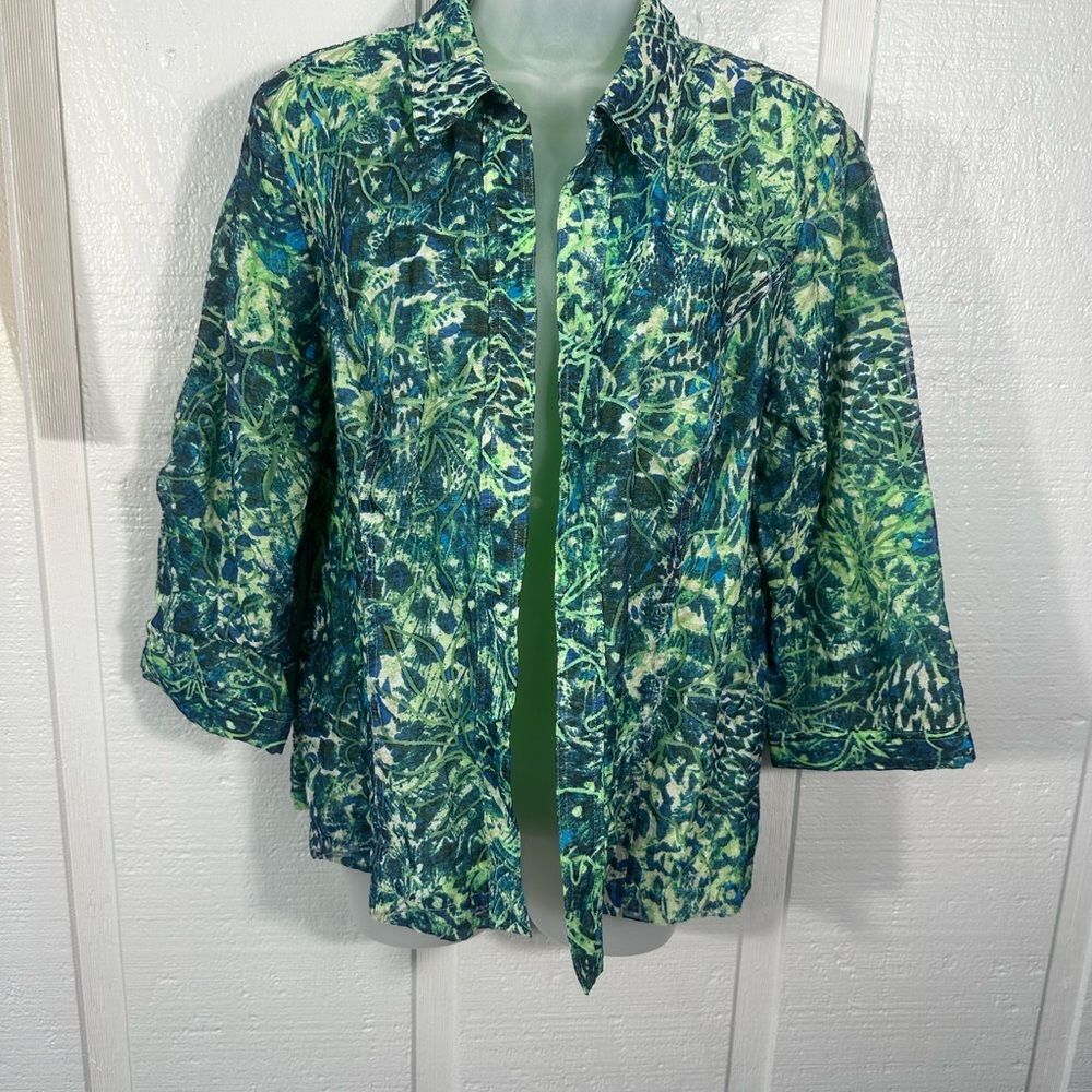 Chico's Green Collared Open Front 3/4 Sleeve Jacket Size 2 (XL) EUC - Picture 2 of 7